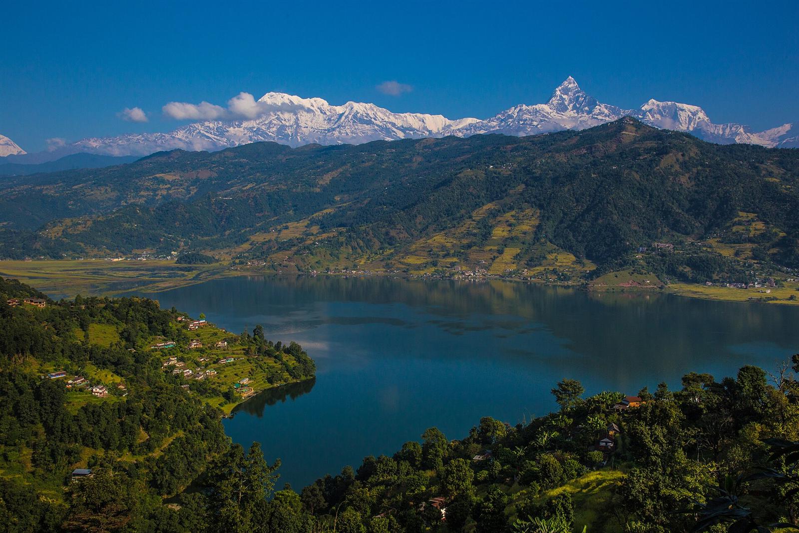 Phewa Lake below the snow peaks of the Annapurna range
